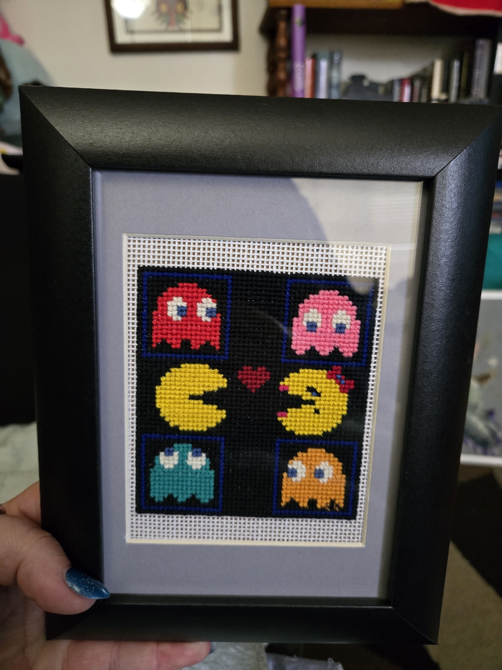 Pac-Man Cross Stitch Wall Art - Black, Yellow, Pink, Red